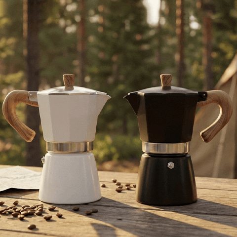 Détails cafetière moka italienne aluminium poignée effet bois design classique durable
