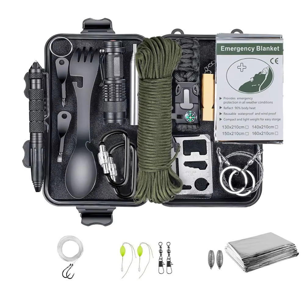 Mini kit de survie complet pour randonnée et camping – paracorde, mousquetons, sifflet, lampe LED